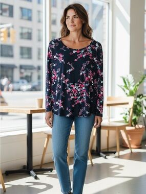 Elle Navy Floral Long-Sleeve Tee with Pink and Light Blue Blooms Size XL